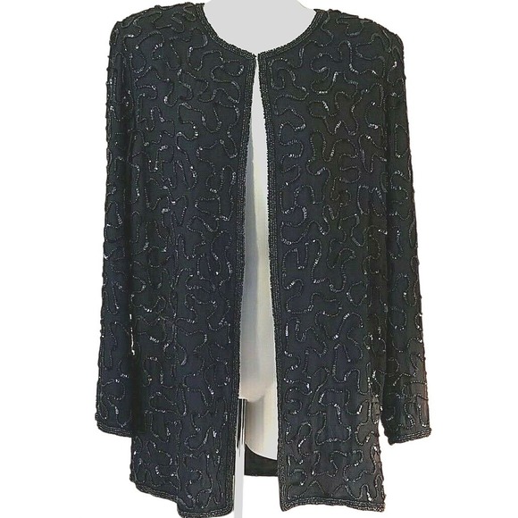 Valerie Stevens Jackets & Blazers - Valerie Stevens Black Beaded Sequin Silk Jacket 6‎ Art Deco Formal Evening Wear